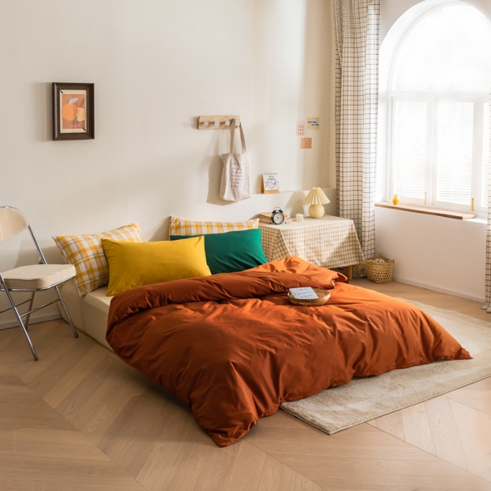 91家纺网 家纺一手货源 找家纺 棉眠 2020新款13374亮色撞色系全棉四件套 南瓜色