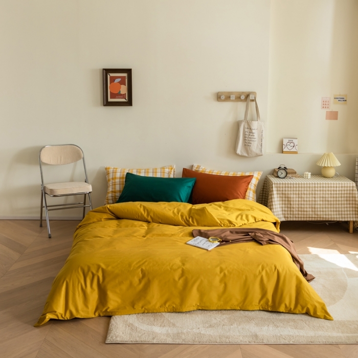 91家纺网 家纺一手货源 找家纺 棉眠 2020新款13374亮色撞色系全棉四件套 姜黄色