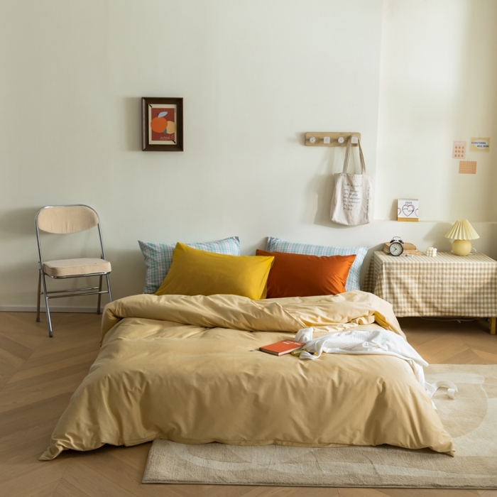 91家纺网 家纺一手货源 找家纺 棉眠 2020新款13374亮色撞色系全棉四件套 奶黄色