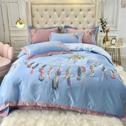 91家纺网 家纺一手货源 找家纺 宅家居 新款60S水洗真丝B版纯棉刺绣羽恋系列四件套羽恋淡蓝