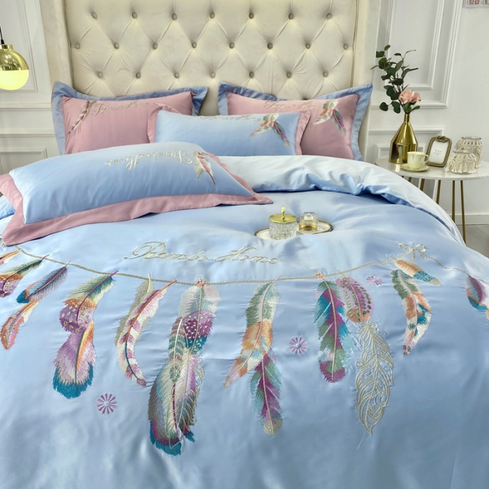 91家纺网 家纺一手货源 找家纺 宅家居 新款60S水洗真丝B版纯棉刺绣羽恋系列四件套羽恋淡蓝