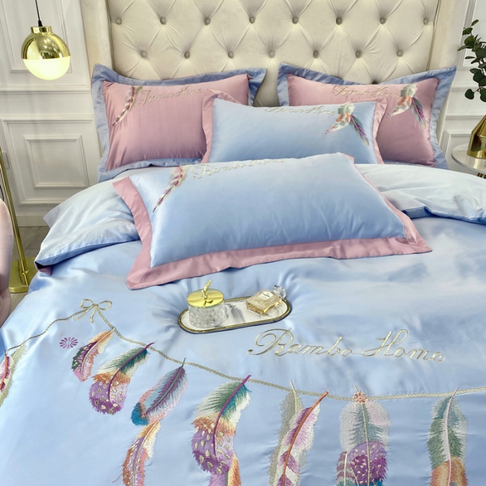 91家纺网 家纺一手货源 找家纺 宅家居 新款60S水洗真丝B版纯棉刺绣羽恋系列四件套羽恋淡蓝