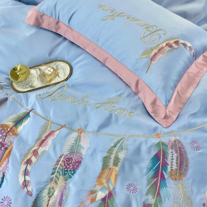 91家纺网 家纺一手货源 找家纺 宅家居 新款60S水洗真丝B版纯棉刺绣羽恋系列四件套羽恋淡蓝