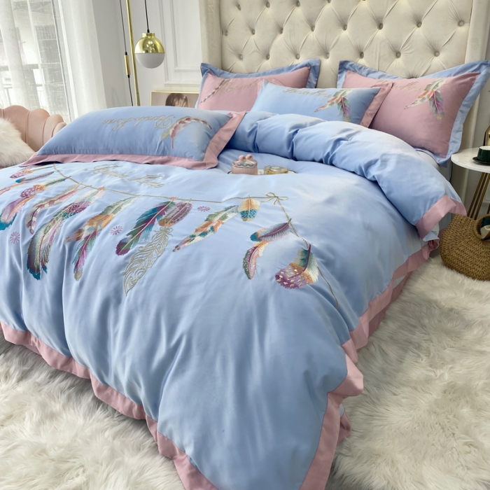 91家纺网 家纺一手货源 找家纺 宅家居 新款60S水洗真丝B版纯棉刺绣羽恋系列四件套羽恋淡蓝