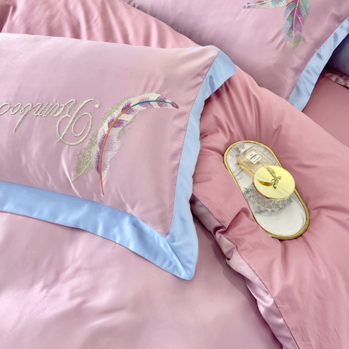 91家纺网 家纺一手货源 找家纺 宅家居 新款60S水洗真丝B版纯棉刺绣羽恋系列四件套羽恋豆沙