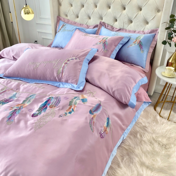 91家纺网 家纺一手货源 找家纺 宅家居 新款60S水洗真丝B版纯棉刺绣羽恋系列四件套羽恋豆沙