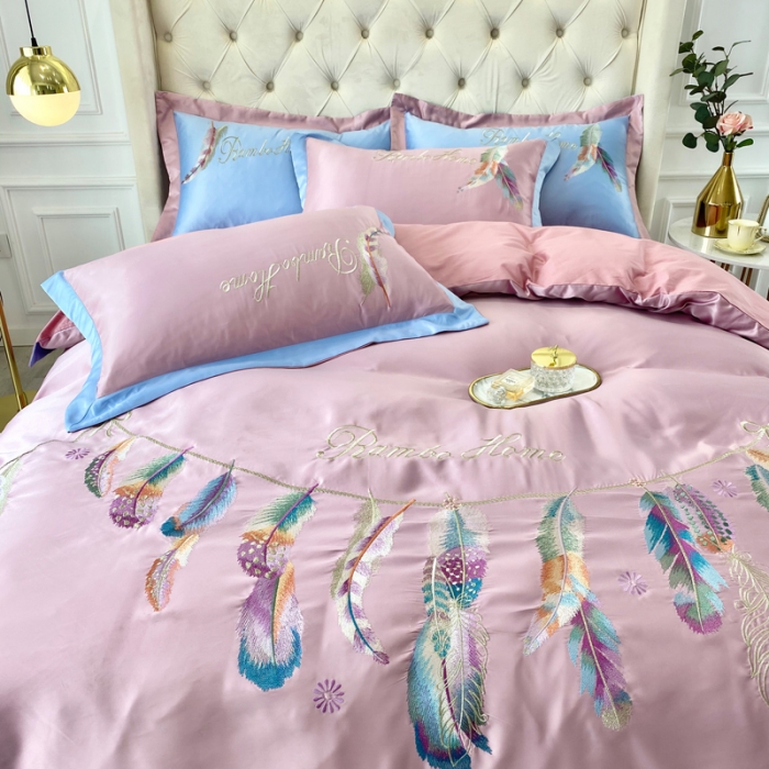 91家纺网 家纺一手货源 找家纺 宅家居 新款60S水洗真丝B版纯棉刺绣羽恋系列四件套羽恋豆沙