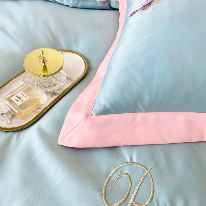 91家纺网 家纺一手货源 找家纺 宅家居新款60S水洗真丝B版纯棉刺绣羽恋系列四件套羽恋青竹绿