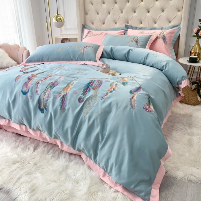 91家纺网 家纺一手货源 找家纺 宅家居新款60S水洗真丝B版纯棉刺绣羽恋系列四件套羽恋青竹绿