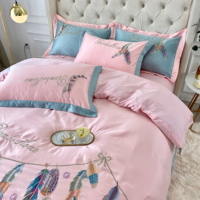 91家纺网 家纺一手货源 找家纺 宅家居 新款60S水洗真丝B版纯棉刺绣羽恋系列四件套羽恋烟粉