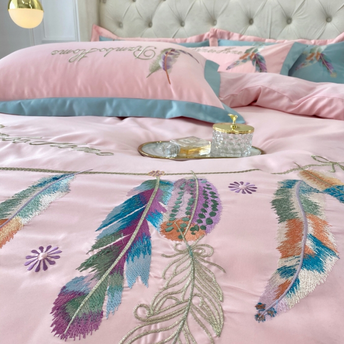 91家纺网 家纺一手货源 找家纺 宅家居 新款60S水洗真丝B版纯棉刺绣羽恋系列四件套羽恋烟粉