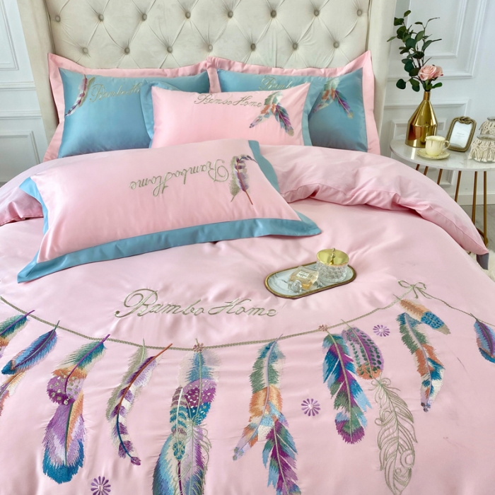 91家纺网 家纺一手货源 找家纺 宅家居 新款60S水洗真丝B版纯棉刺绣羽恋系列四件套羽恋烟粉