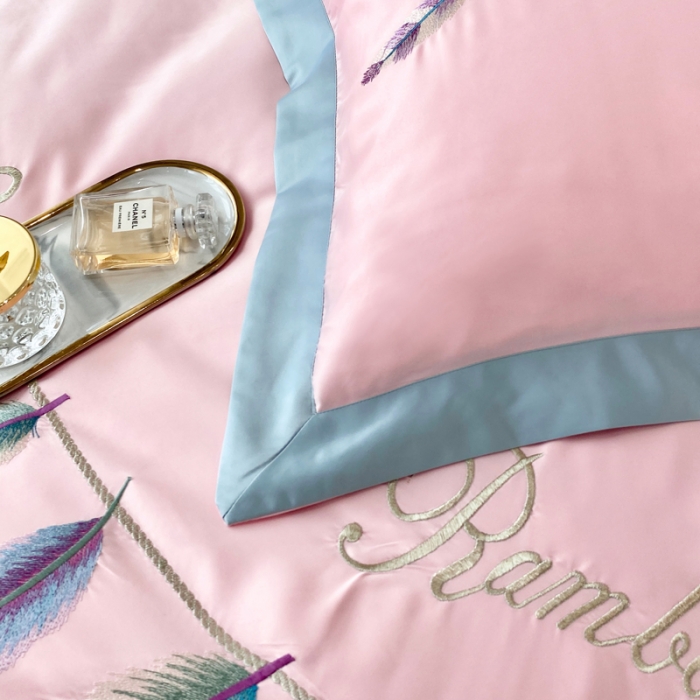 91家纺网 家纺一手货源 找家纺 宅家居 新款60S水洗真丝B版纯棉刺绣羽恋系列四件套羽恋烟粉