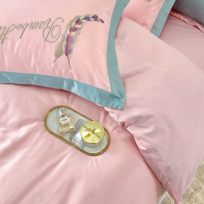 91家纺网 家纺一手货源 找家纺 宅家居 新款60S水洗真丝B版纯棉刺绣羽恋系列四件套羽恋烟粉