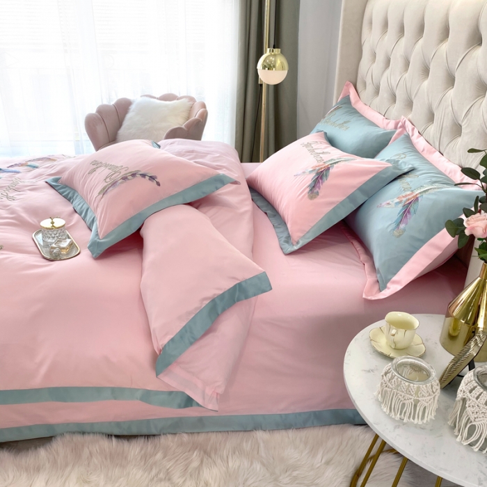 91家纺网 家纺一手货源 找家纺 宅家居 新款60S水洗真丝B版纯棉刺绣羽恋系列四件套羽恋烟粉