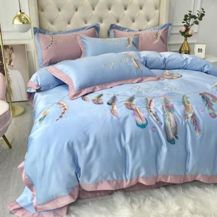 宅家居 新款60S水洗真丝B版纯棉刺绣羽恋系列四件套羽恋淡蓝