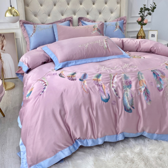 91家纺网 家纺一手货源 找家纺 宅家居 新款60S水洗真丝B版纯棉刺绣羽恋系列四件套羽恋豆沙