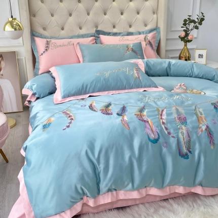 宅家居新款60S水洗真丝B版纯棉刺绣羽恋系列四件套羽恋青竹绿