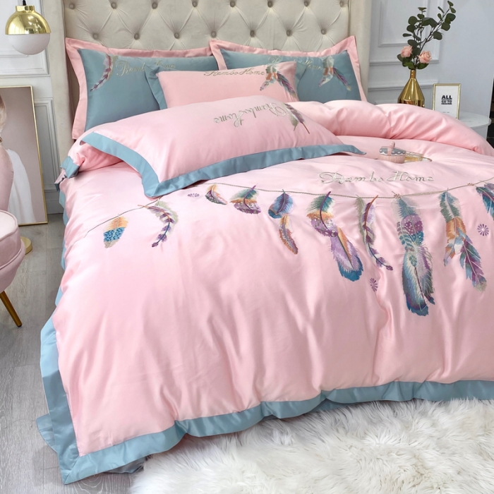 91家纺网 家纺一手货源 找家纺 宅家居 新款60S水洗真丝B版纯棉刺绣羽恋系列四件套羽恋烟粉