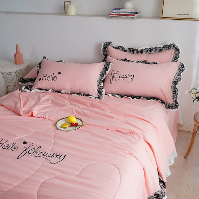 91家纺网 家纺一手货源 找家纺 （总）骏腾家纺 2022新款水洗棉夏被四件套蕾丝绣花款