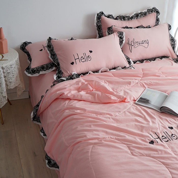 91家纺网 家纺一手货源 找家纺 （总）骏腾家纺 2022新款水洗棉夏被四件套蕾丝绣花款