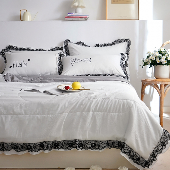 91家纺网 家纺一手货源 找家纺 骏腾家纺 2022新款水洗棉夏被四件套蕾丝绣花款美丽-本白
