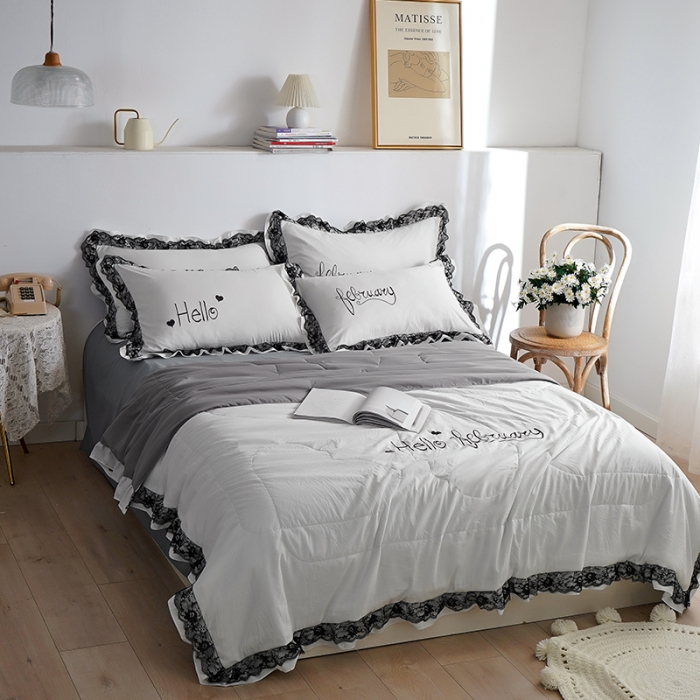 91家纺网 家纺一手货源 找家纺 骏腾家纺 2022新款水洗棉夏被四件套蕾丝绣花款美丽-本白