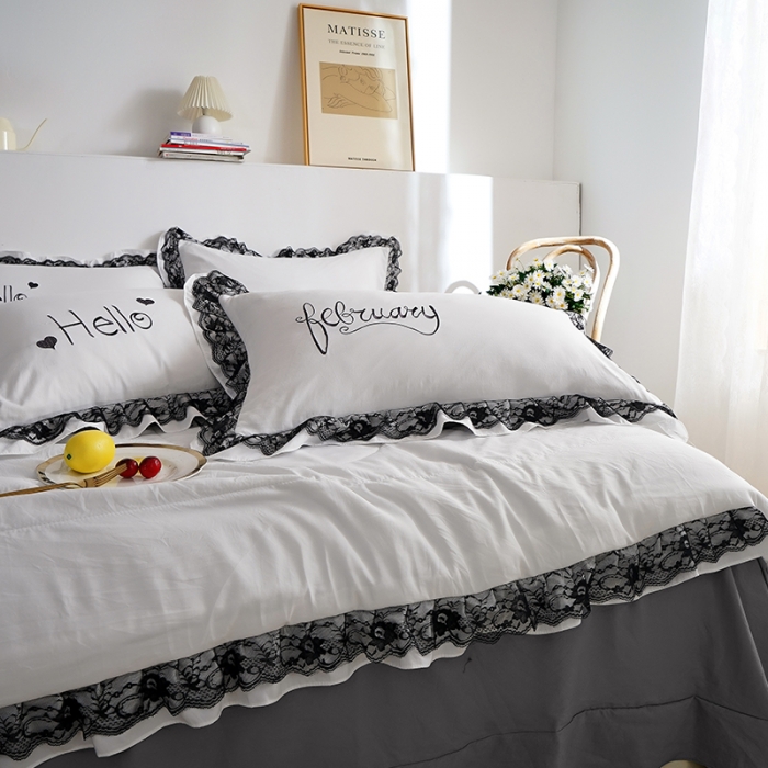 91家纺网 家纺一手货源 找家纺 骏腾家纺 2022新款水洗棉夏被四件套蕾丝绣花款美丽-本白