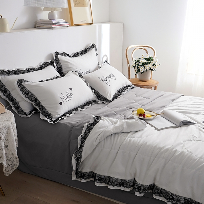 91家纺网 家纺一手货源 找家纺 骏腾家纺 2022新款水洗棉夏被四件套蕾丝绣花款美丽-本白