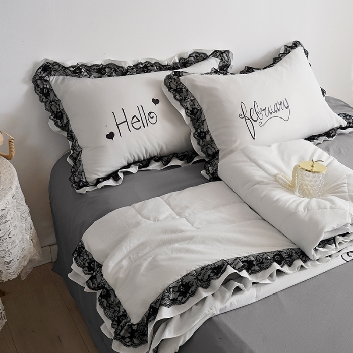 91家纺网 家纺一手货源 找家纺 骏腾家纺 2022新款水洗棉夏被四件套蕾丝绣花款美丽-本白