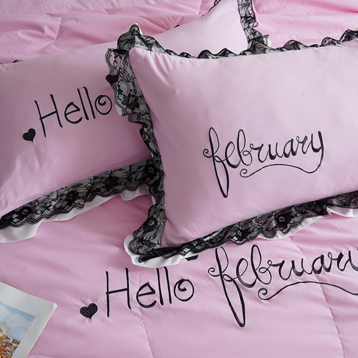 91家纺网 家纺一手货源 找家纺 骏腾家纺 2022新款水洗棉夏被四件套蕾丝绣花款美丽-粉色