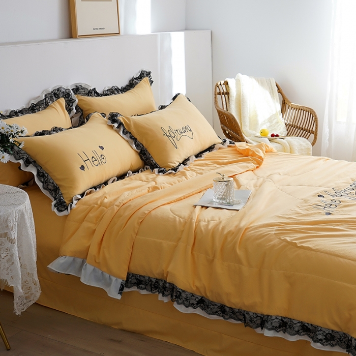 91家纺网 家纺一手货源 找家纺 骏腾家纺 2022新款水洗棉夏被四件套蕾丝绣花款 美丽-姜黄