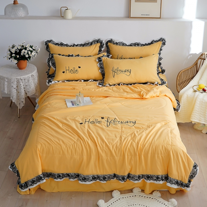 91家纺网 家纺一手货源 找家纺 骏腾家纺 2022新款水洗棉夏被四件套蕾丝绣花款 美丽-姜黄