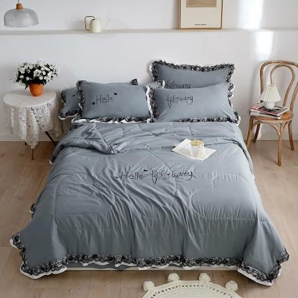 91家纺网 家纺一手货源 找家纺 骏腾家纺 2022新款水洗棉夏被四件套蕾丝绣花款美丽-绅士灰