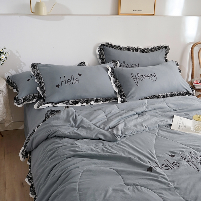 91家纺网 家纺一手货源 找家纺 骏腾家纺 2022新款水洗棉夏被四件套蕾丝绣花款美丽-绅士灰