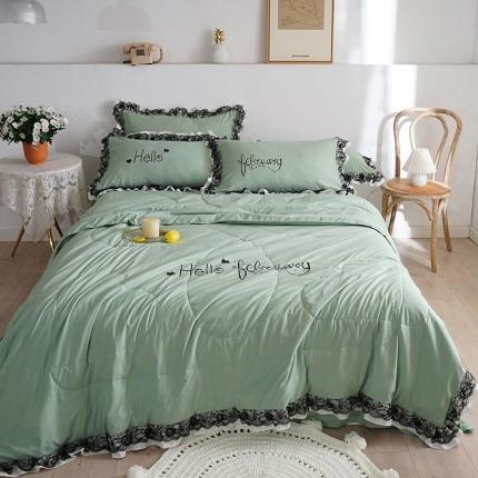 91家纺网 家纺一手货源 找家纺 骏腾家纺 2022新款水洗棉夏被四件套蕾丝绣花款美丽-水绿