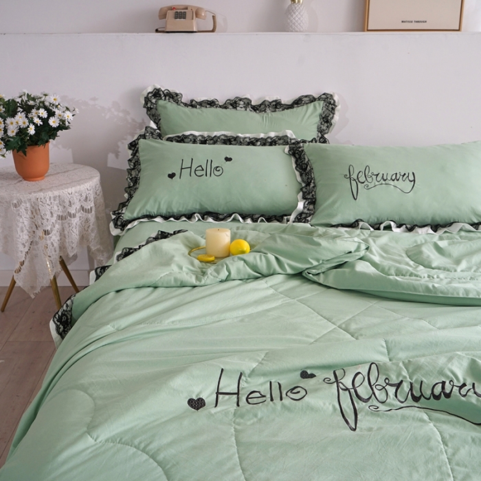 91家纺网 家纺一手货源 找家纺 骏腾家纺 2022新款水洗棉夏被四件套蕾丝绣花款美丽-水绿