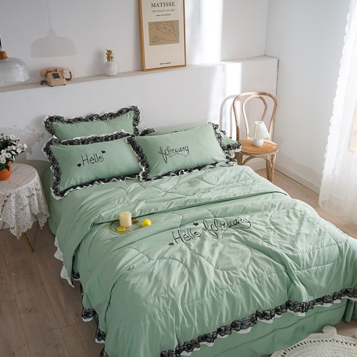 91家纺网 家纺一手货源 找家纺 骏腾家纺 2022新款水洗棉夏被四件套蕾丝绣花款美丽-水绿