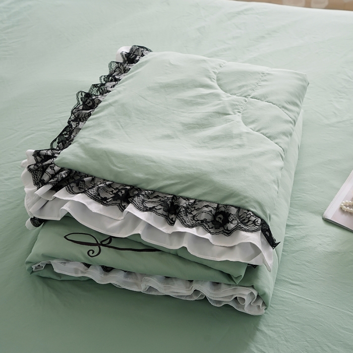 91家纺网 家纺一手货源 找家纺 骏腾家纺 2022新款水洗棉夏被四件套蕾丝绣花款美丽-水绿