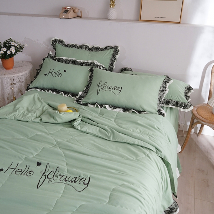 91家纺网 家纺一手货源 找家纺 骏腾家纺 2022新款水洗棉夏被四件套蕾丝绣花款美丽-水绿