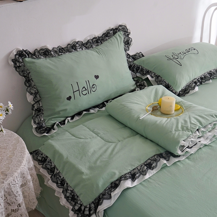 91家纺网 家纺一手货源 找家纺 骏腾家纺 2022新款水洗棉夏被四件套蕾丝绣花款美丽-水绿
