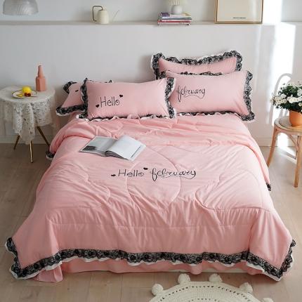 91家纺网 家纺一手货源 找家纺 骏腾家纺 2022新款水洗棉夏被四件套蕾丝绣花款美丽-玉色