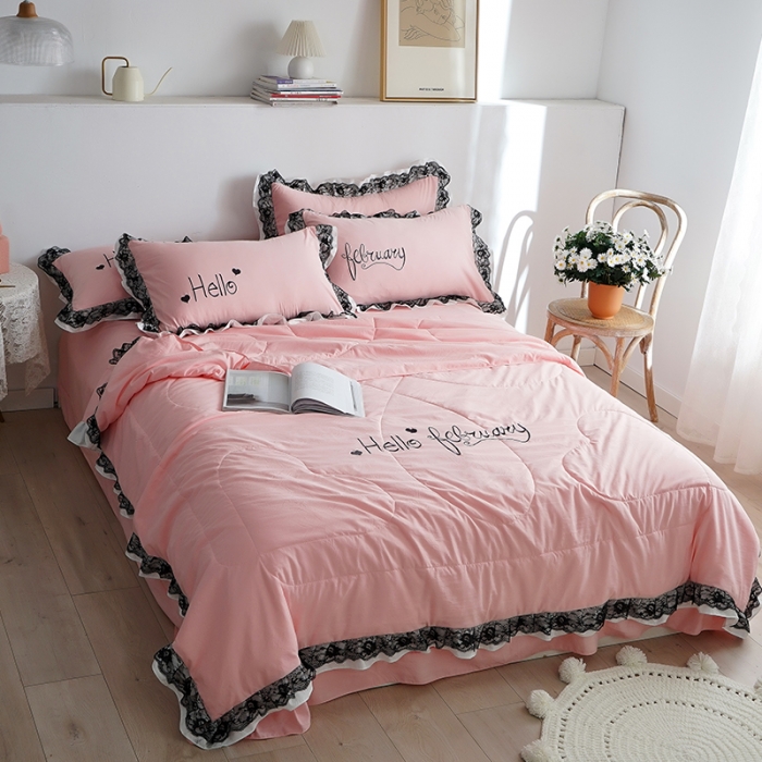 91家纺网 家纺一手货源 找家纺 骏腾家纺 2022新款水洗棉夏被四件套蕾丝绣花款美丽-玉色