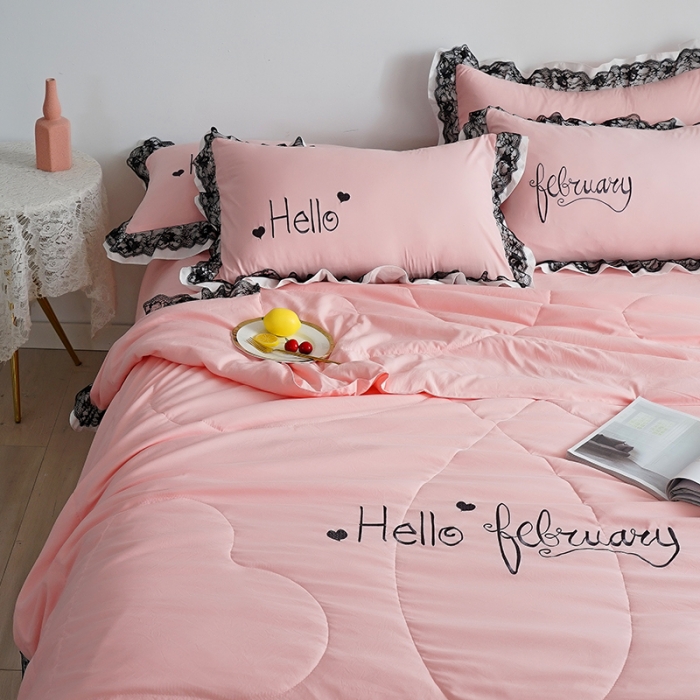 91家纺网 家纺一手货源 找家纺 骏腾家纺 2022新款水洗棉夏被四件套蕾丝绣花款美丽-玉色