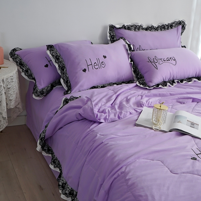 91家纺网 家纺一手货源 找家纺 骏腾家纺 2022新款水洗棉夏被四件套蕾丝绣花款美丽-紫罗兰
