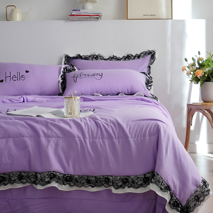 91家纺网 家纺一手货源 找家纺 骏腾家纺 2022新款水洗棉夏被四件套蕾丝绣花款美丽-紫罗兰