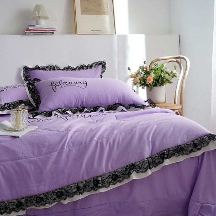 91家纺网 家纺一手货源 找家纺 骏腾家纺 2022新款水洗棉夏被四件套蕾丝绣花款美丽-紫罗兰