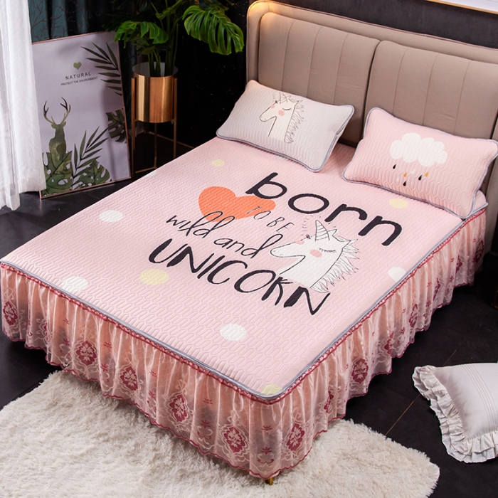 91家纺网 家纺一手货源 找家纺 纽缦 2020新款乳胶大版花凉席可拆卸床裙三件套 独角兽