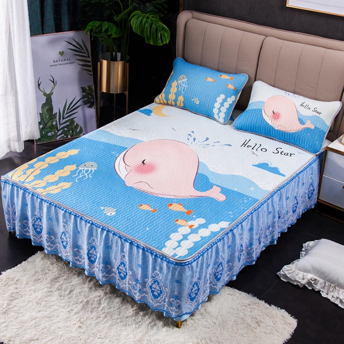 91家纺网 家纺一手货源 找家纺 纽缦 2020新款乳胶大版花凉席可拆卸床裙三件套 海洋生物