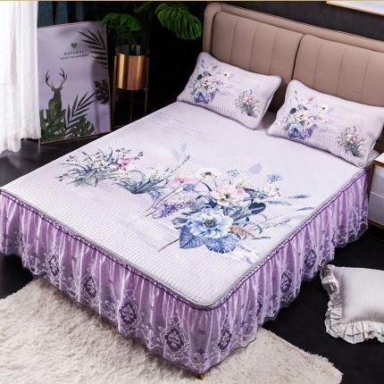 91家纺网 家纺一手货源 找家纺 纽缦 2020新款乳胶大版花凉席可拆卸床裙三件套 花溪-紫